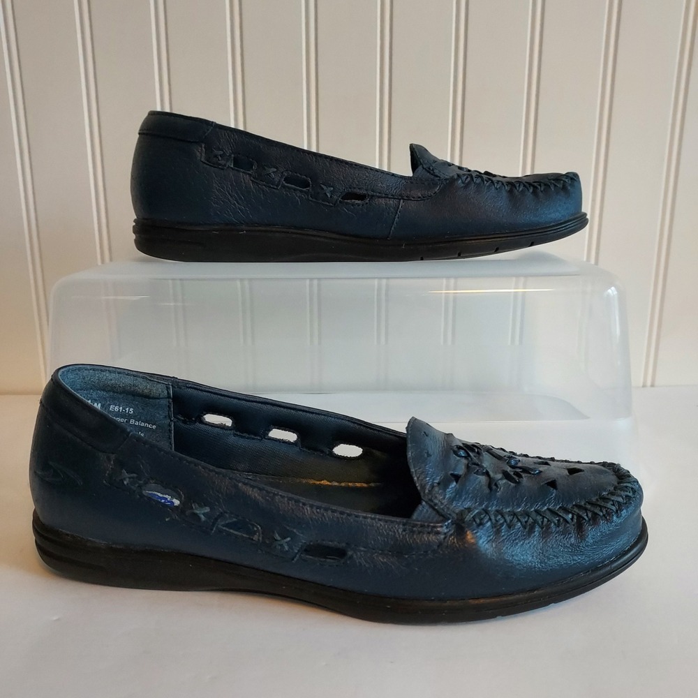 Dr Scholls Womens Navy Blue Leather Cutout Slip On Loafer Shoes 7.5M E61-15 - Picture 5 of 9